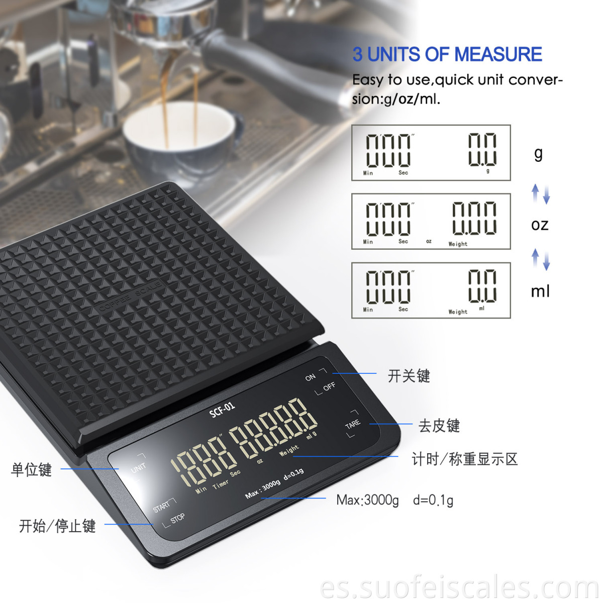 SCF-01 Bakery Fruit Kitchen Scale OEM 5 kg Escala de café de la máquina digital de peso digital con temporizador
